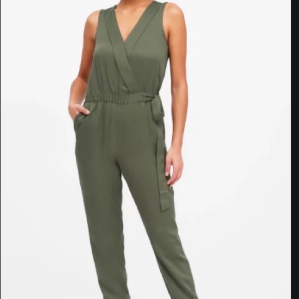 Banana Republic Olive Sleeveless Wrap-Front Jumpsuit